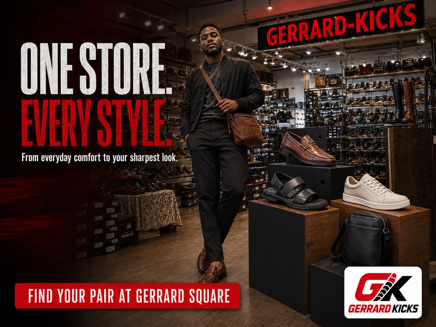 Gerrard-Kicks store interior with shoes, sandals and bags on display