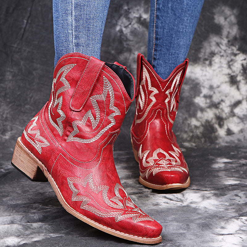 Pointed Embroidered Chunky Heel Women's Leather Boots