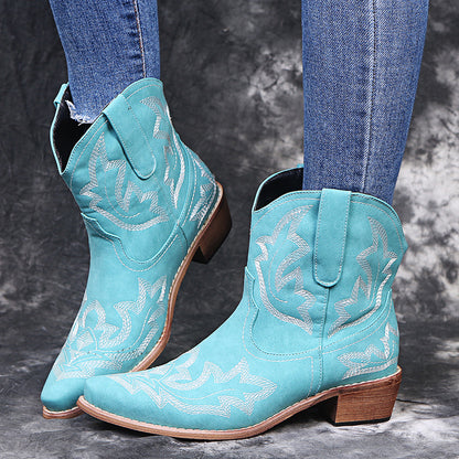 Pointed Embroidered Chunky Heel Women's Leather Boots