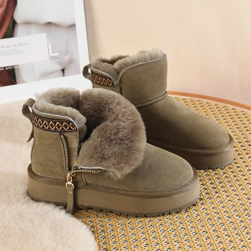 Women's Short Thick Warm Side Zip Platform Height Increasing Snow Boots