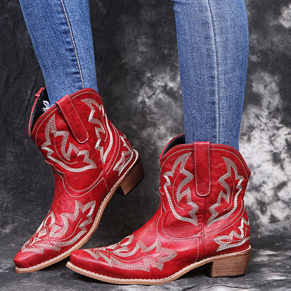 Pointed Embroidered Chunky Heel Women's Leather Boots